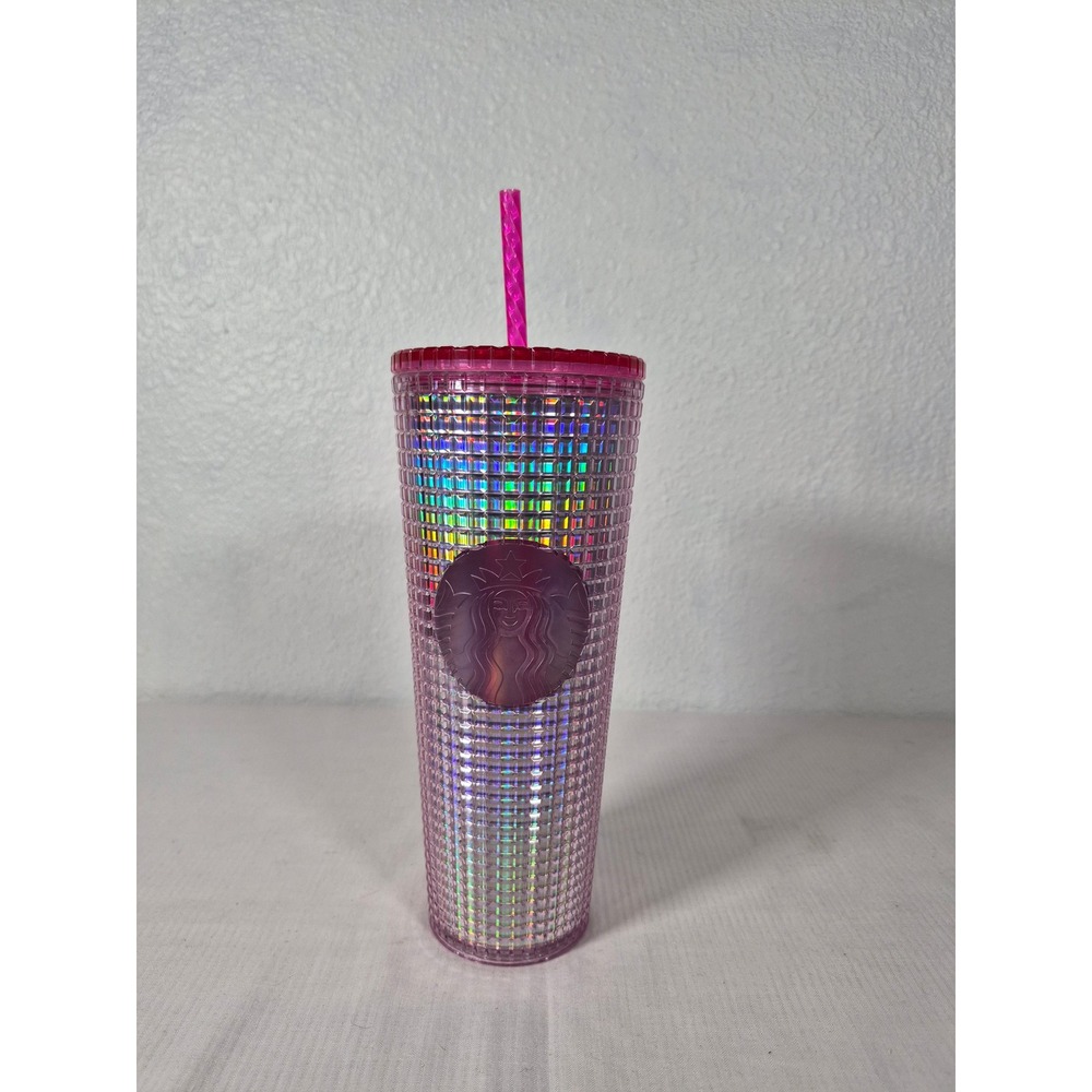Starbucks 2022 Bubblegum Pink Grid Iridescent Venti Tumbler 24oz Cold Cup